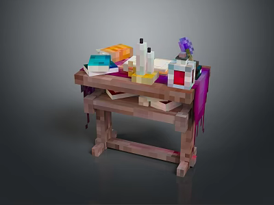 Pixel Art Office Desk With Colorful Items Bottles Purple Decor And Pink Cloth 3d model