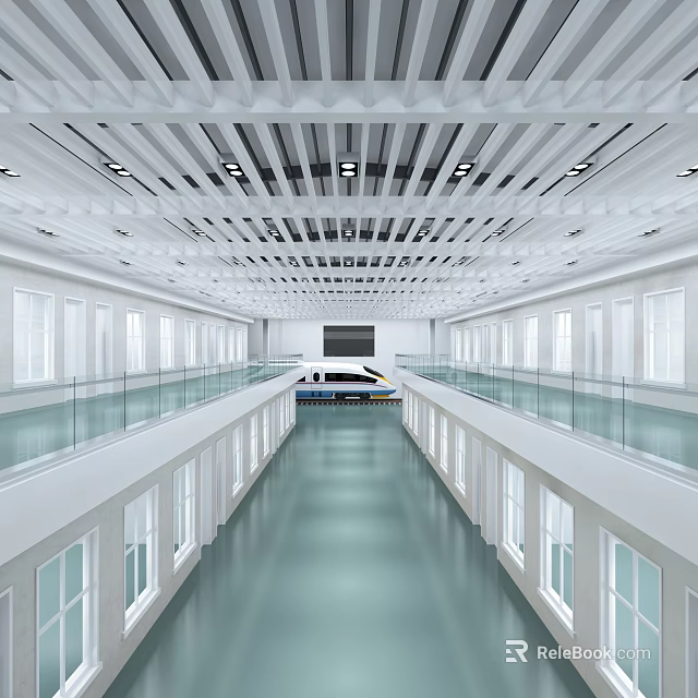 Spacious School Hall With Double Deck Corridors Glass Railings White Walls Chandeliers And Large Screen 3d model 