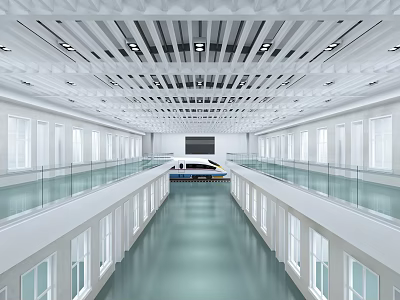 Spacious School Hall With Double Deck Corridors Glass Railings White Walls Chandeliers And Large Screen 3d model