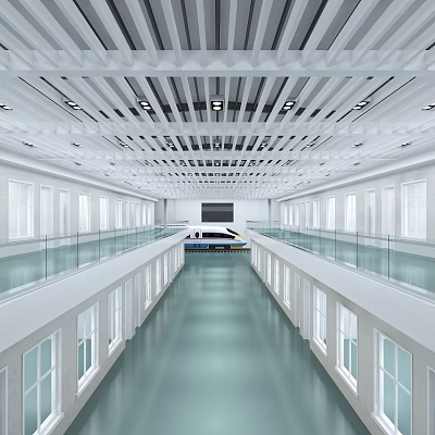 Spacious School Hall With Double Deck Corridors Glass Railings White Walls Chandeliers And Large Screen 3d model