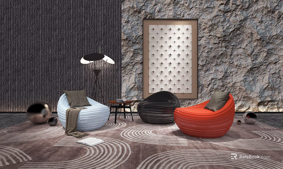 Three Colorful Bean Bag Chairs In Modern Living Room With Textured Walls And Area Rug 3d model 