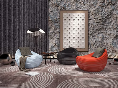 Three Colorful Bean Bag Chairs In Modern Living Room With Textured Walls And Area Rug 3d model