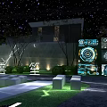 Modern Outdoor Leisure Space With Water Pool Lighting Seating And Large Screen 3d model