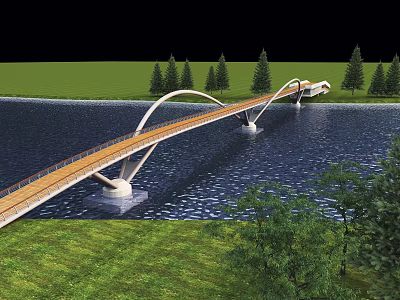 Modern Arch Bridge Spanning River With Green Grass Trees And Wooden Deck 3d model