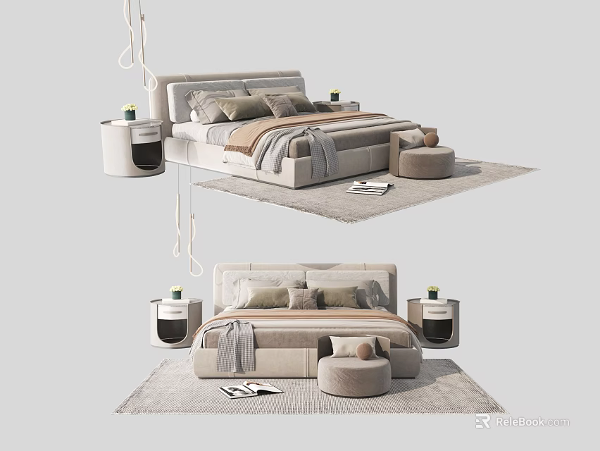 Modern Double Bed Interior Design With Bedside Tables Decorative Pillows And Round Stool 3d model