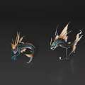 Mythical Aquatic Creatures With Golden Blue Fins In Dynamic Pose On Dark Shiny Surface