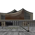 Modern Sales Office Building With Curved Roof Wooden Facade Glass Windows And Stone Paved Plaza 3d model