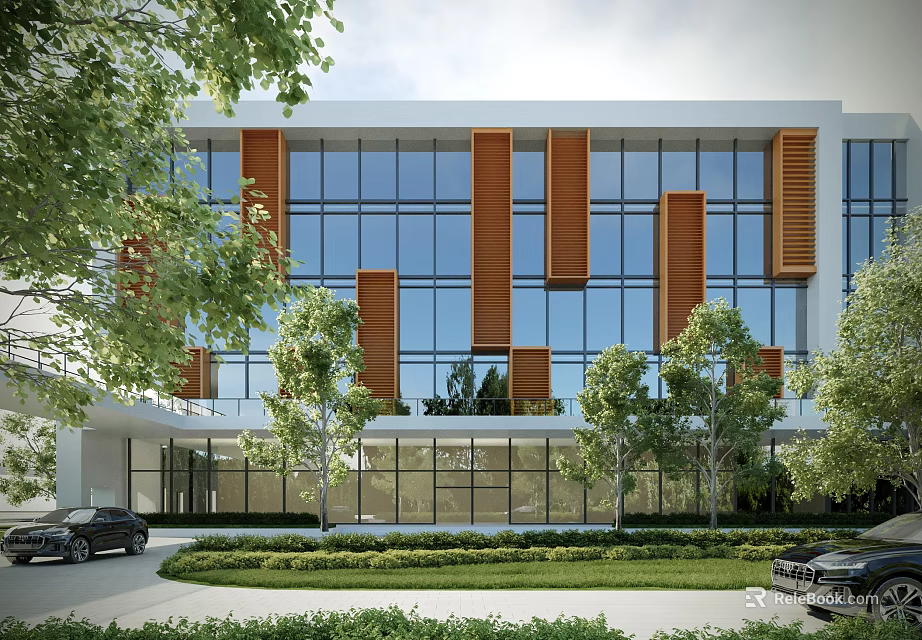 Modern Office Building Featuring Glass Curtain Walls Wooden Louvers Trees And Front Lawn 3d model 