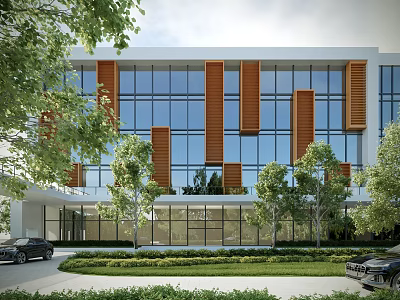 Modern Office Building Featuring Glass Curtain Walls Wooden Louvers Trees And Front Lawn 3d model