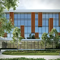Modern Office Building Featuring Glass Curtain Walls Wooden Louvers Trees And Front Lawn
