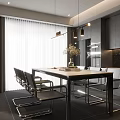 Modern Restaurant Dining Area With Black Cabinets Metal Chairs And Hanging Lights