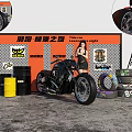 Custom Motorcycle Night Event With Woman Model Orange Wall Checkered Background And Tires