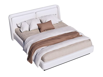 Double Bed with White Headboard Beige Sheets Brown Pillow and Blanket 3d model