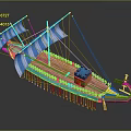 Traditional Sailing Watercraft with Blue White Striped Sails Wooden Deck and Colorful Hull