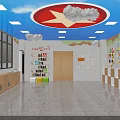 Indoor Activity Room Interior With Red Star Slogans And Cloud Decorations 3d model