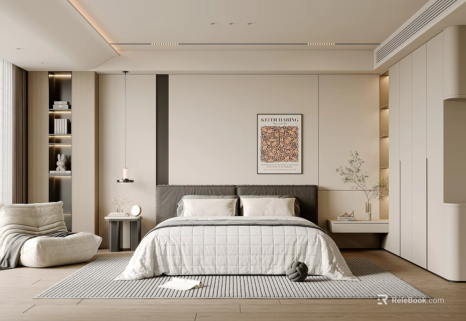 Minimalist Modern Bedroom Interior Design With Bed Nightstand Artwork Rug And Cozy Armchair 3d model 