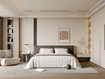 Minimalist Modern Bedroom Interior Design With Bed Nightstand Artwork Rug And Cozy Armchair 3d model