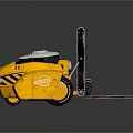 Yellow Industrial Forklift Vehicle With White Top And Metallic Forks On Reflective Surface