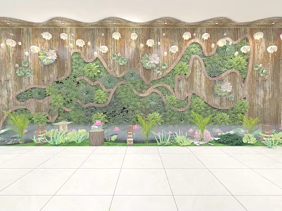 Living Plant Wall Interior Decoration with Wooden Structure White Flowers and Green Plants 3d model