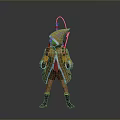 Man Wearing Hooded Yellow Coat With Shark Fin Design Backpack And Purple Boots