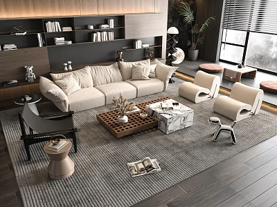 Modern Beige Sofa and Coffee Table Combination with Wooden Marble Top Armchairs and Area Rug 3d model