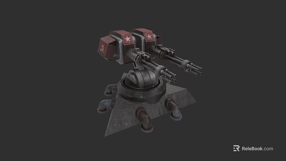 Twin Barrel Military Turret Weapon with Red Metal Base and Star Decals 3d model 