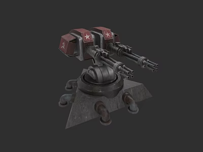 Twin Barrel Military Turret Weapon with Red Metal Base and Star Decals 3d model