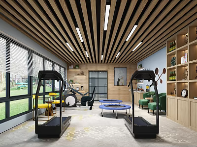 Modern Recreation Room With Treadmills Blue Round Table Yellow Chairs Green Sofas And Wooden Ceiling 3d model
