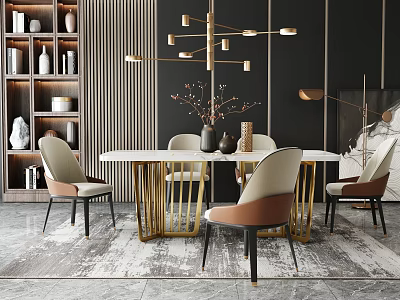 Modern Dining Table Set With White Tabletop Golden Legs And Beige Brown Chairs 3d model