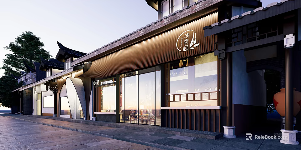 Traditional Chinese Storefront In Evening Featuring Wooden Panels Large Glass Windows And Eaves 3d model 