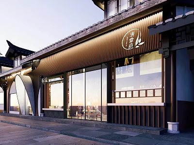 Traditional Chinese Storefront In Evening Featuring Wooden Panels Large Glass Windows And Eaves 3d model