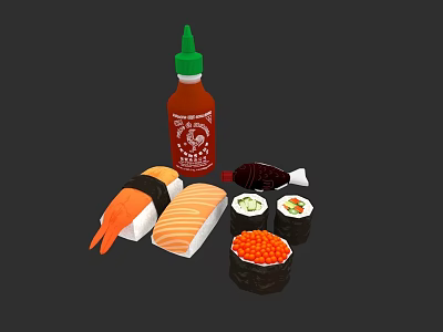 Fresh Sushi Platter With Salmon Rolls Caviar And Chili Sauce 3d model