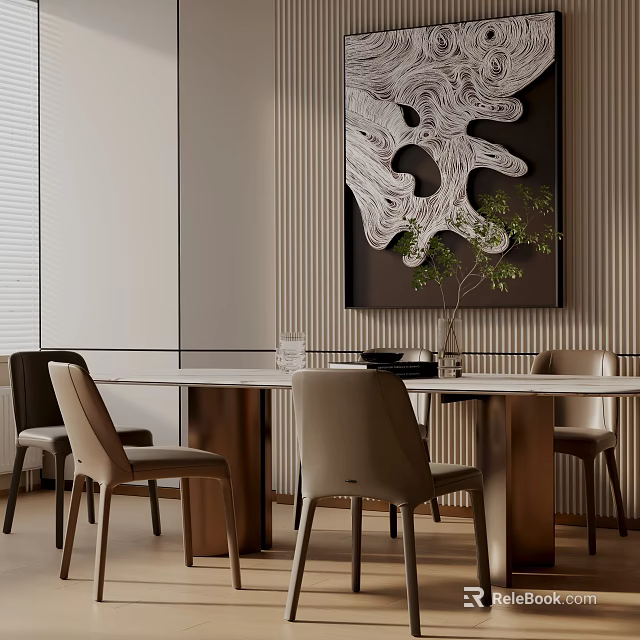 Modern Dining Table Set With Neutral Leather Chairs Marble Top And Decorative Wall Art Plant 3d model 