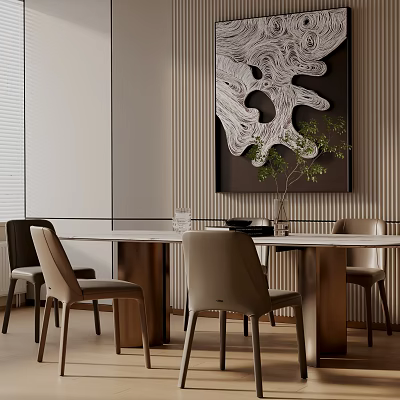 Modern Dining Table Set With Neutral Leather Chairs Marble Top And Decorative Wall Art Plant 3d model