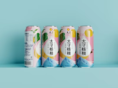 Four Colorful Prince Walnut Beverage Cans Arranged on Light Blue Background 3d model