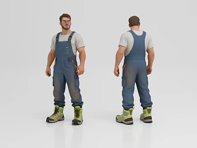 Man 3D Model in Stained Blue Overalls White T-Shirt Green Boots Front Back Views 3d model