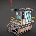 Wooden Watchtower With Red Flag Open Platform Wooden Staircase And Yellow Railing
