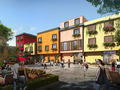 Lively Commercial Street With Colorful Buildings Greenery And Busy Pedestrians 3d model