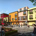 Lively Commercial Street With Colorful Buildings Greenery And Busy Pedestrians