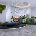 Modern Reception Area With Green Plants Water Feature Chandelier And Marble Flooring