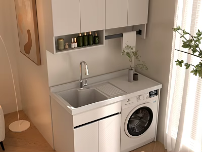 Modern Home Balcony Laundry Area With Sink Washing Machine White Cabinets And Small Potted Plant 3d model
