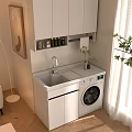 Modern Home Balcony Laundry Area With Sink Washing Machine White Cabinets And Small Potted Plant