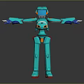 Turquoise Robot Character With Orange Details Red Feet Standing Arms Outstretched 3D Model Pose