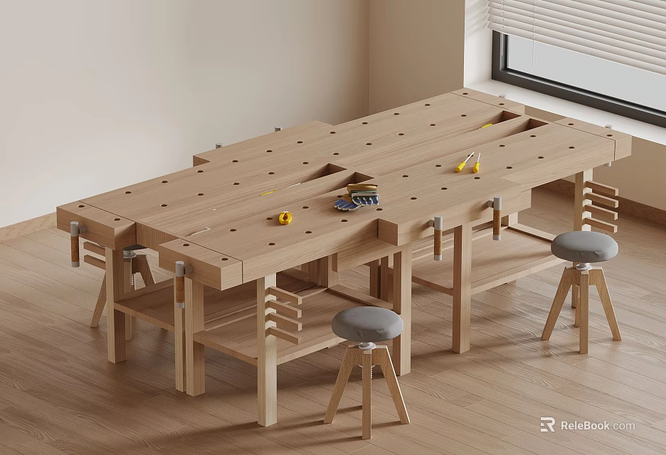 Light Wooden Workbench with Multiple Drawers Tool Slots and Padded Stools 3d model