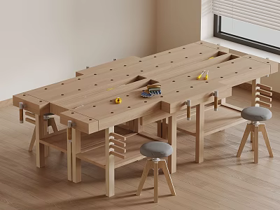 Light Wooden Workbench with Multiple Drawers Tool Slots and Padded Stools 3d model