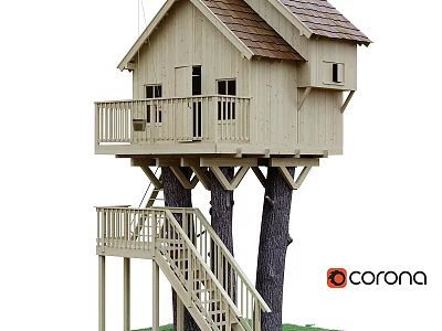 Wooden Tree House Built On Two Trees Featuring Staircase Balcony And Sloped Roof 3d model