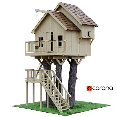Wooden Tree House Built On Two Trees Featuring Staircase Balcony And Sloped Roof 3d model