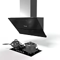 Modern Kitchen Appliances Featuring Black Range Hood Gas Stove And Cooking Pots
