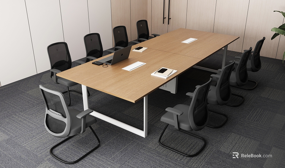 Modern Conference Room Interior With Wooden Table Gray Mesh Chairs And Laptop 3d model 