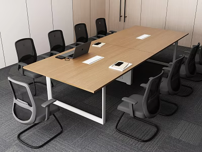 Modern Conference Room Interior With Wooden Table Gray Mesh Chairs And Laptop 3d model